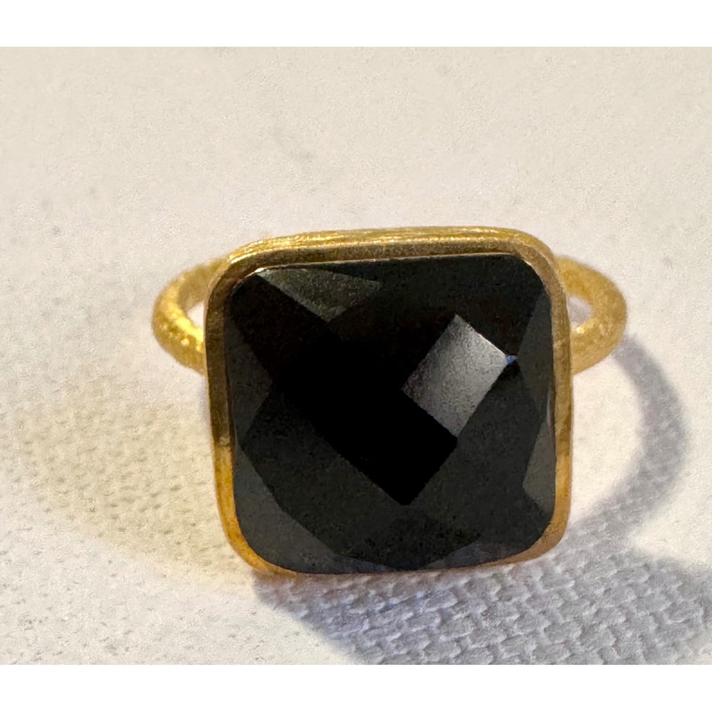 925 Sterling Silver Gold Tone Black Faceted Stone Statement Ring Size 8